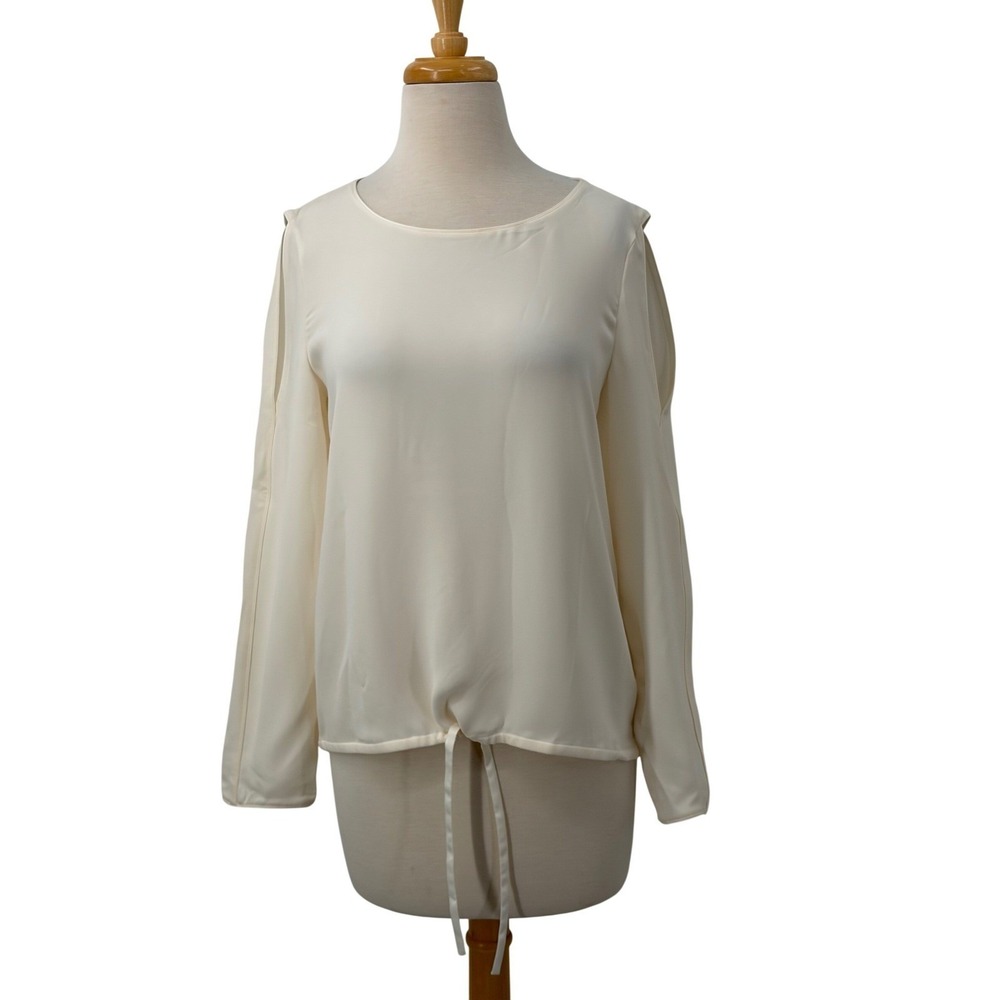 Lafayette 148 New York Cream 100% Silk Cold Shoulder Drawstring Blouse Petite P